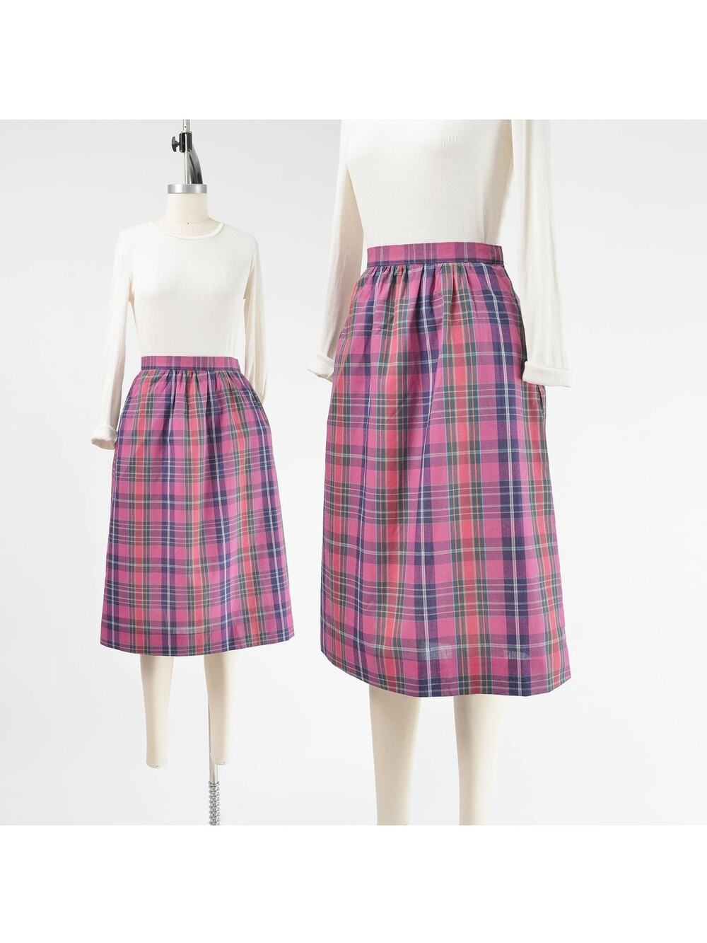 Vintage 80s Purple Plaid Skirt High Waist A-Line Cotton Blend XS Preppy Midi